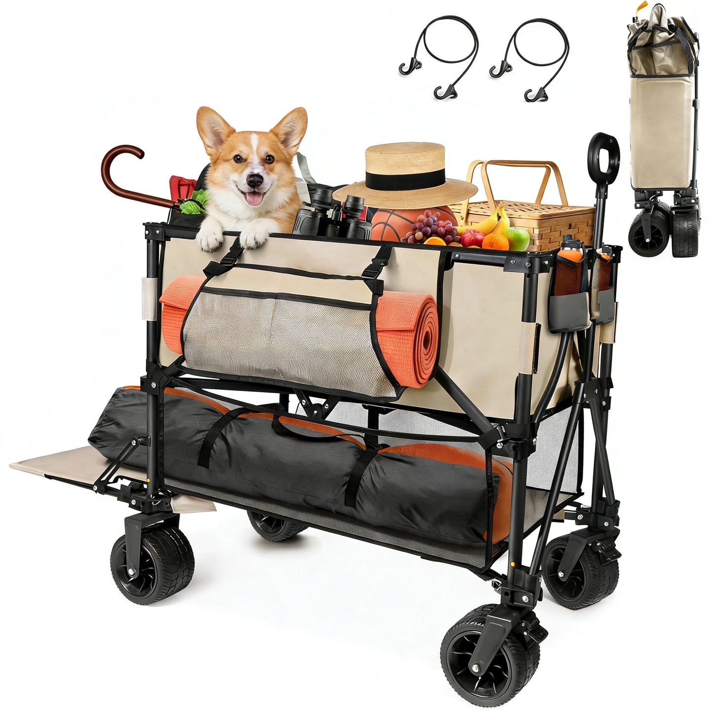 DKMOCO 400L Double Decker Folding Wagon Cart with Wheels, 54" Extra Long Beach Cart, 550LBS Load Heavy Duty Carts, with All-Terrain Big Wheels for Camping, Khaki