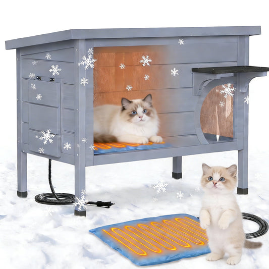 DKMOCO Outdoor Heated Cat House,Insulated Kitty House with Heated Pad for Winter,Wooden Weatherproof Stray Cat Shelter, Single Storey Gray