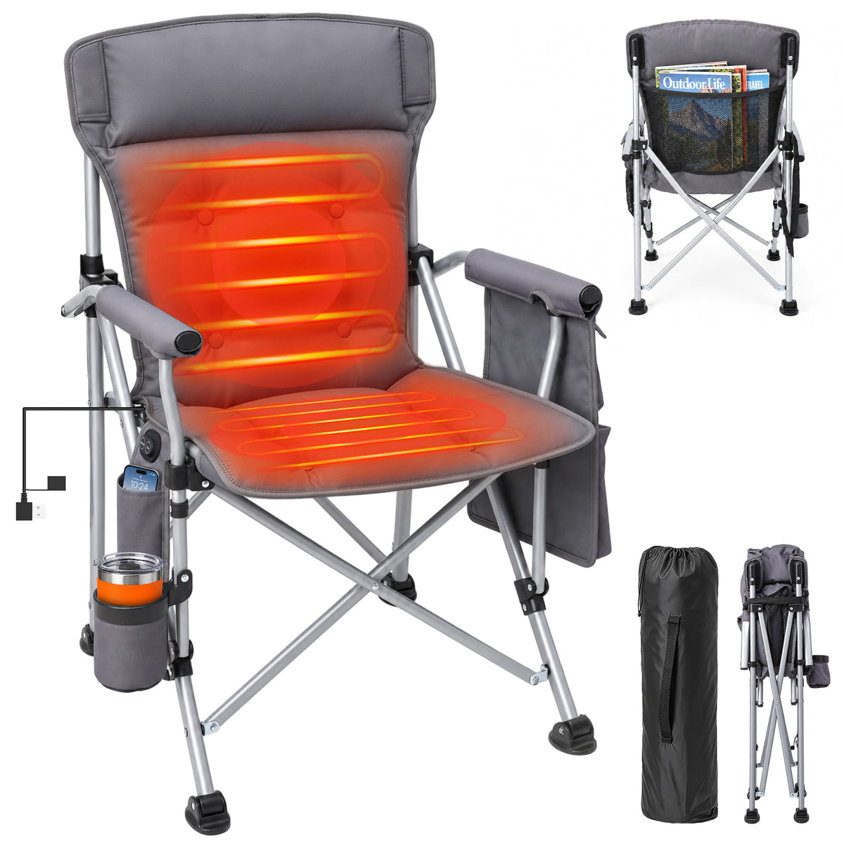 DKMOCO Heated Camping Chair for Adults, Folding Chair with Back Support, Dual-Zone Heating, 3 Heat Levels, 500 lb Capacity, Cup Holder & Side Pocket Gray