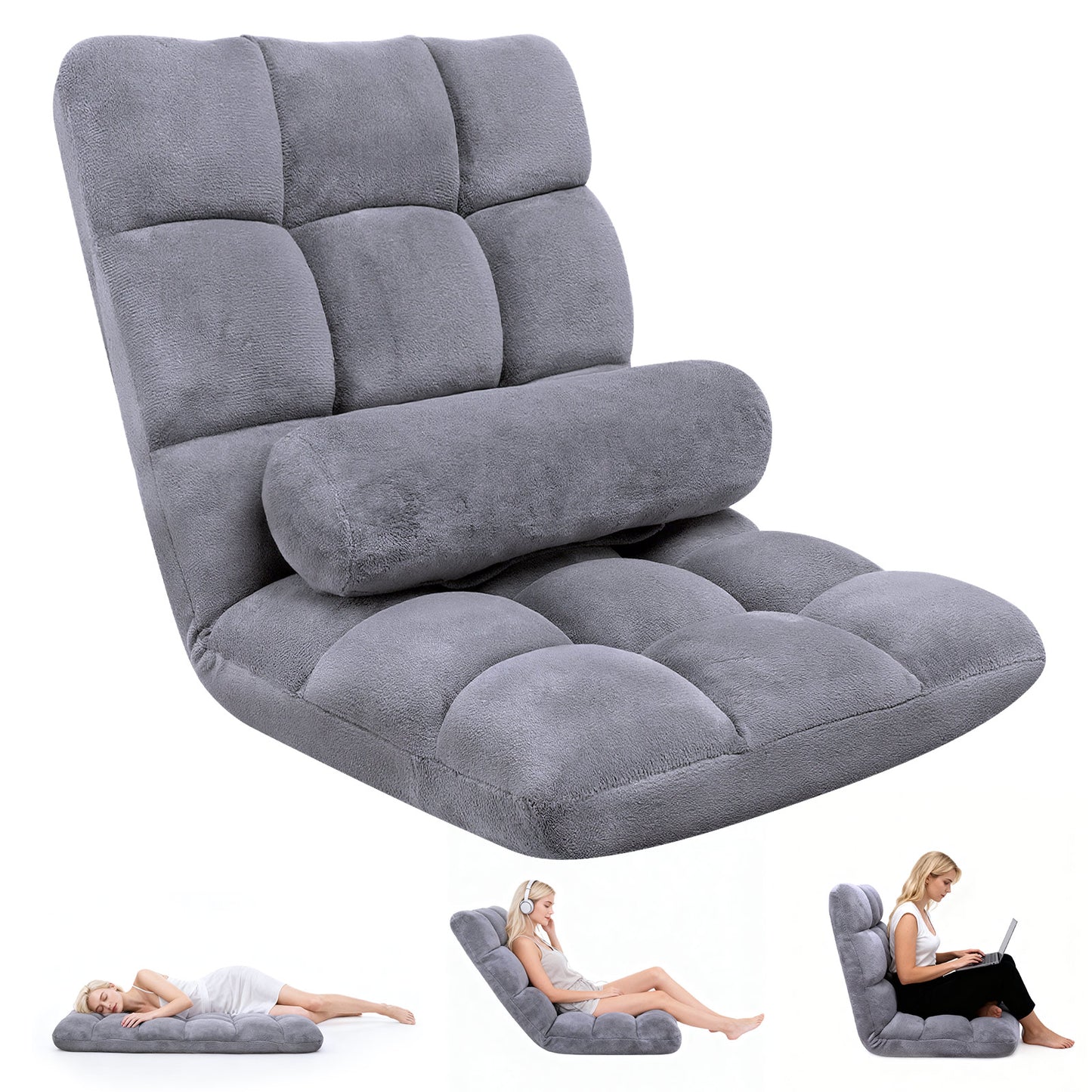 DKMOCO 6-Poistion Adjustable Floor Chair with Back Support, Folding Padded Floor Gaming Chair, for Meditation, Sleeping, Reading, Gaming, Grey