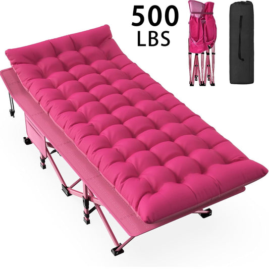 DKMOCO XL Folding Camping Cot with Mattress for Adults,28" x 75" 500lbs Capacity Portable Bed with Carry Bag, for Office Home Nap,Outdoor,Camping(Pink Cot+Pink Pad)