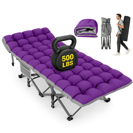 DKMOCO XL Folding Camping Cot with Mattress & Carry Bag, 28" x 75" 500lbs Heavy Duty Portable Sleeping Cot Bed for Adults, Home Office Guest Outdoor Camping Travel, Gray Cot Purple Gray Pad