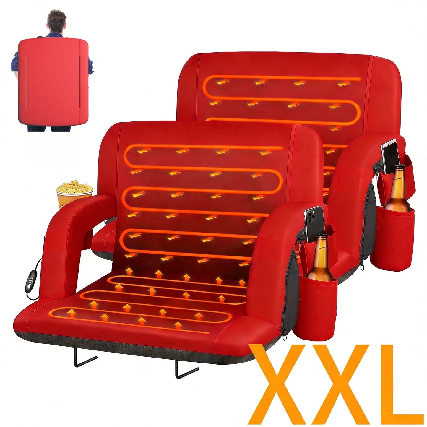 DKMOCO 2PCS 25" Extra Wide Dual Side Heated Stadium Seats for Bleachers with Back Support, Folding Bleacher Seat with Storage Pockets for Outdoor Camping Games Sports,Red(No Battery)