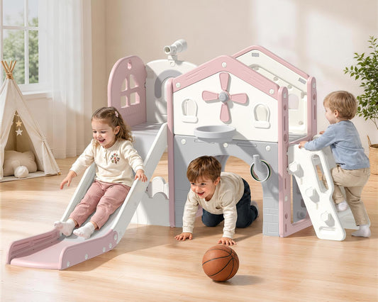 DKMOCO 10 in 1 Toddler Slide & Climber Set with Basketball Hoop, Telescope & Tunnel, Indoor Outdoor Kids Playset with Anti-Slip Steps for Age 1-3 Children Toy Playground, Pink