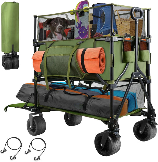 DKMOCO 550L XXL Foldable Wagons Carts, 54" Extra Length Double Deck Wagon Cart with Tailgate, 550lbs Load Utility Grocery Cart for Camping,Sports,Beach, Green