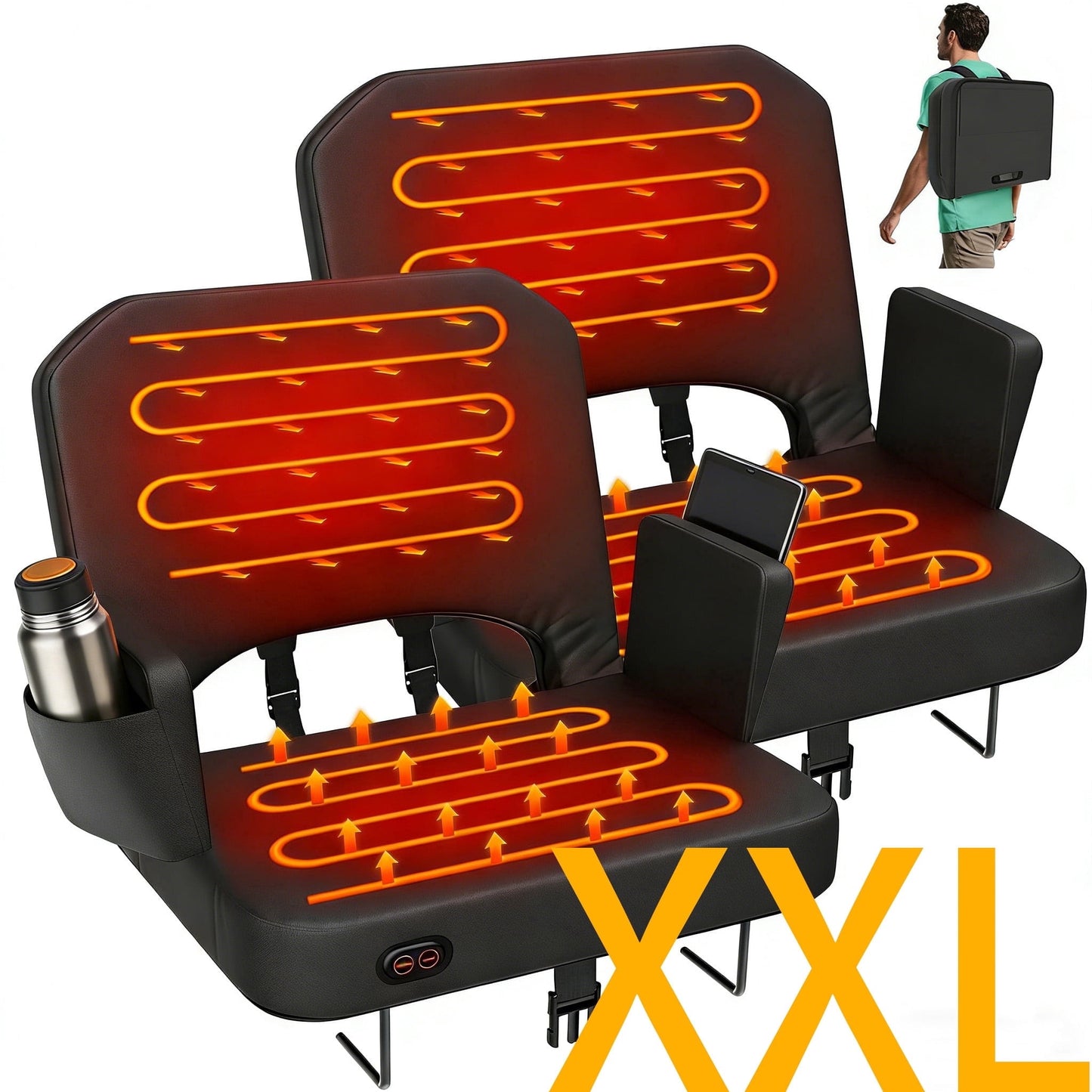 DKMOCO 2pcs 25" Extra Wide Heated Stadium Seats for Bleachers with Backrest and Armrest, Portable Bleacher Chairs with Cushion, for Outdoor Sports( NO Battery)