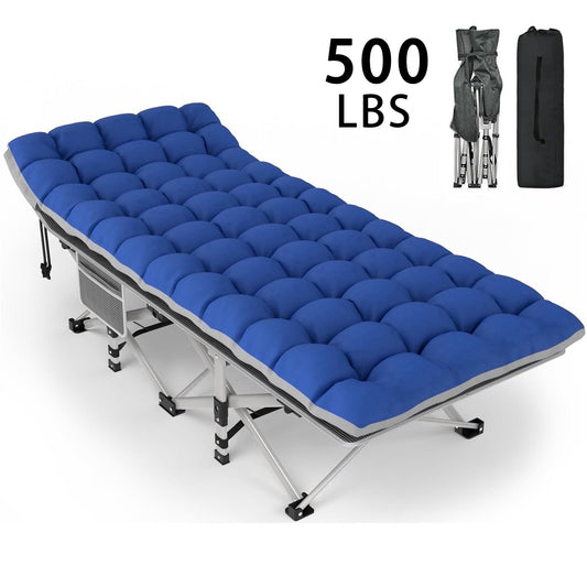 DKMOCO XL Folding Camping Cot with Mattress for Adults,28" x 75" 500lbs Capacity Portable Bed with Carry Bag, for Office Home Nap, Outdoor,Camping(Strip Gray Cot+Blue Gray Pad)