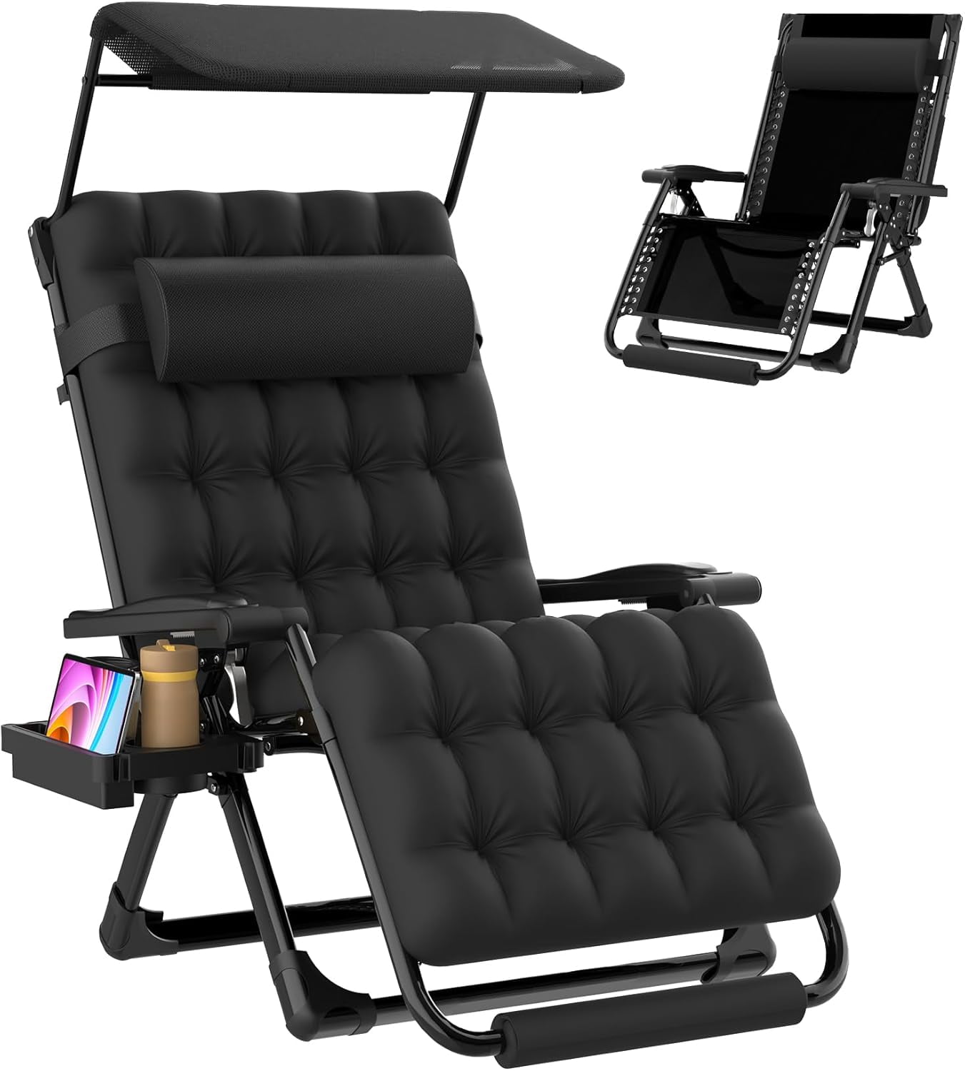 DKMOCO 33In XXL Zero Gravity Chair with Canopy, Oversized Lounge Chair w/Removable Headrest&Cushion, Folding Patio Chairs Recliner for Indoor Outdoor, Black