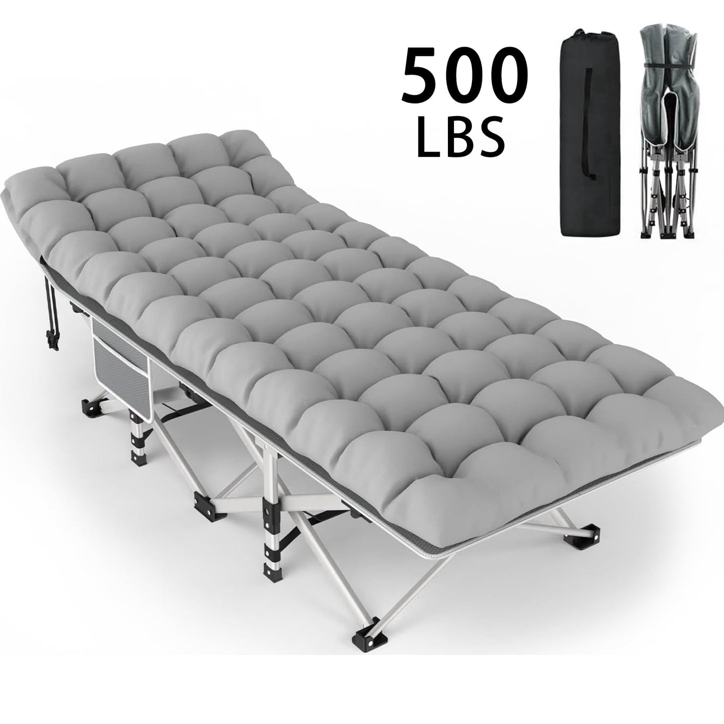DKMOCO XL Folding Camping Cot with Mattress for Adults,28" x 75" 500lbs Capacity Portable Bed with Carry Bag, for Office Home Nap, Outdoor,Camping(Gray Cot+Gray Pad)