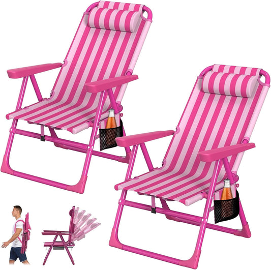 DKMOCO 2PCS Backpack Beach Chair, Folding 6-Positions Reclining Beach Chairs with Cooler Bag Cup Holder for Sand Outdoor Fishing,Striped Pink