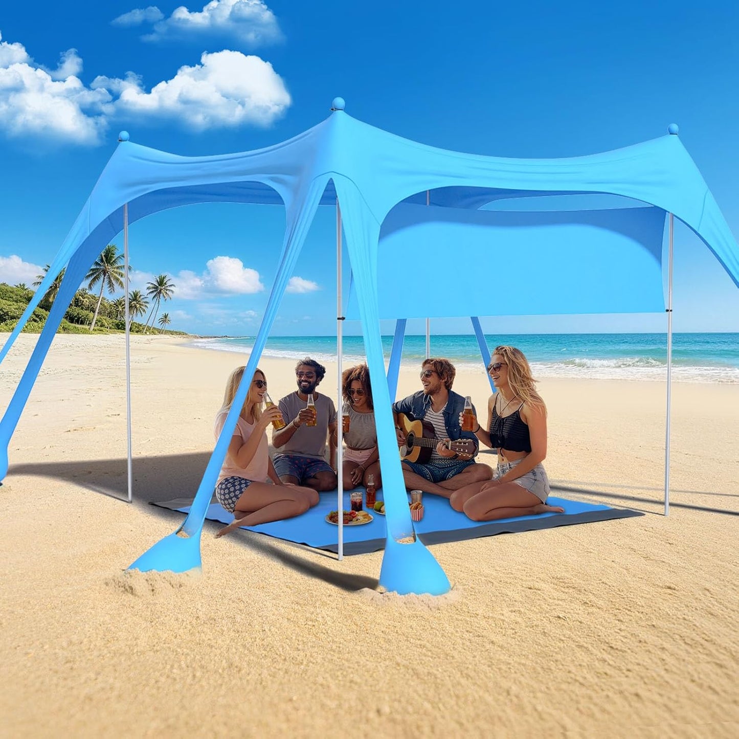 DKMOCO 10x10ft Beach Tent Canopy, Outdoor Sun Shelter with Sidewall, with UPF 50+UV Protection, 8 Sandbags, for Camping, Fishing or Picnics, Sky Blue