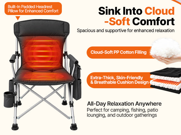 DKMOCO Heated Camping Chair for Adults, Folding Chair with Back Support, Dual-Zone Heating, 3 Heat Levels, 500 lb Capacity, Cup Holder & Side Pocket Black