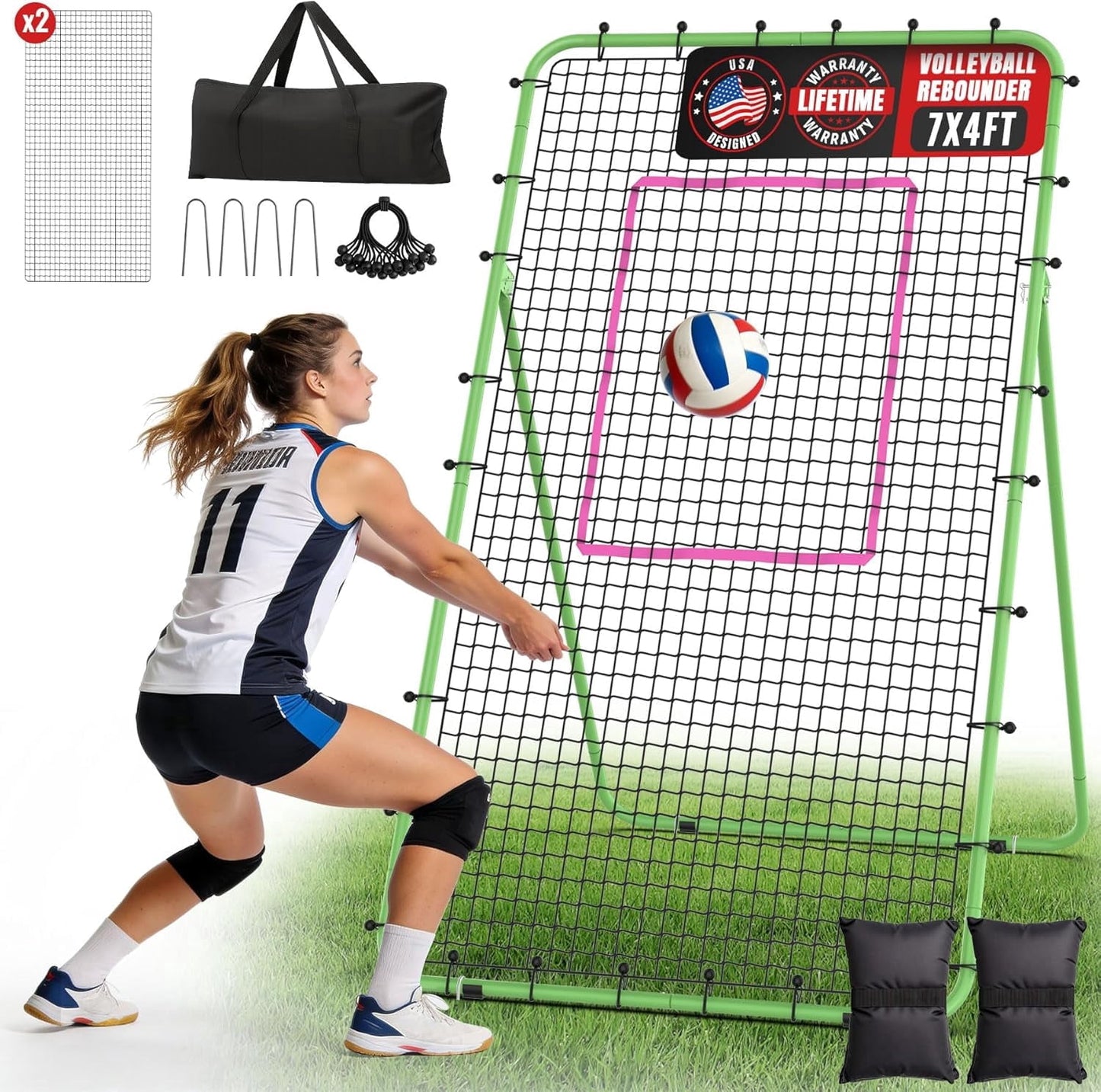 DKMOCO 7x4 FT Volleyball Rebounder Net, 5-Angle Adjustable Bounce Back Net, for Volleying/Spiking, Green, 2 NETS