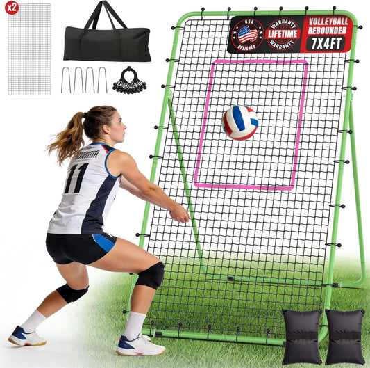 DKMOCO 7x4 FT Volleyball Rebounder Net, 5-Angle Adjustable Bounce Back Net, for Volleying/Spiking, Green, 2 NETS