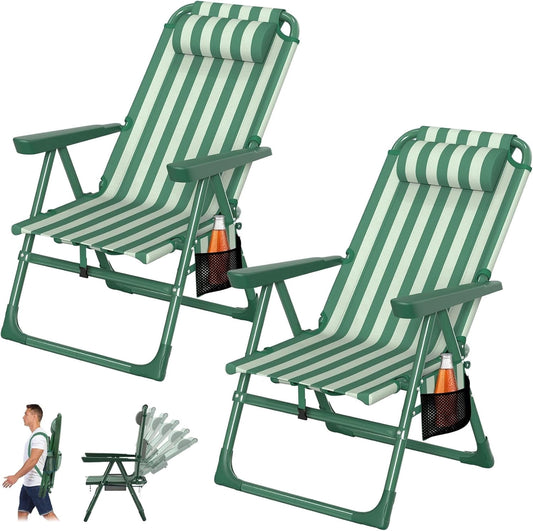 DKMOCO 2PCS Backpack Beach Chair, Folding 6-Positions Reclining Beach Chairs with Cooler Bag Cup Holder for Sand Outdoor Fishing,Striped Oliver Green