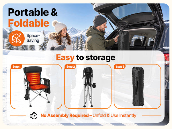 DKMOCO Heated Camping Chair for Adults, Folding Chair with Back Support, Dual-Zone Heating, 3 Heat Levels, 500 lb Capacity, Cup Holder & Side Pocket Black