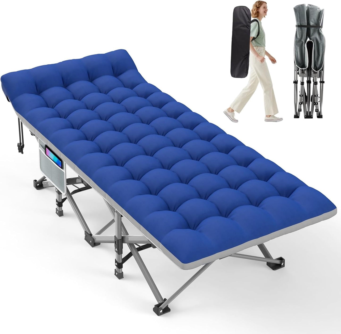 DKMOCO XL Folding Camping Cot with Mattress for Adults,28" x 75" 500lbs Capacity Portable Bed with Carry Bag, for Office Home Nap, Outdoor,Camping(Gray Cot+Blue Gray Pad)