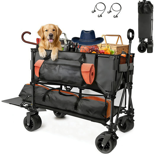 DKMOCO 400L Double Decker Folding Wagon Cart with Wheels, 54" Extra Long Beach Cart, 550LBS Load Heavy Duty Carts, with All-Terrain Big Wheels for Camping, Black