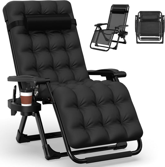 DKMOCO Zero Gravity Chair with Removable Cushion and Cup Holder,Folding Recliner Lounge Chair for Indoor and Outdoor,440 LBS Capacity (Black)