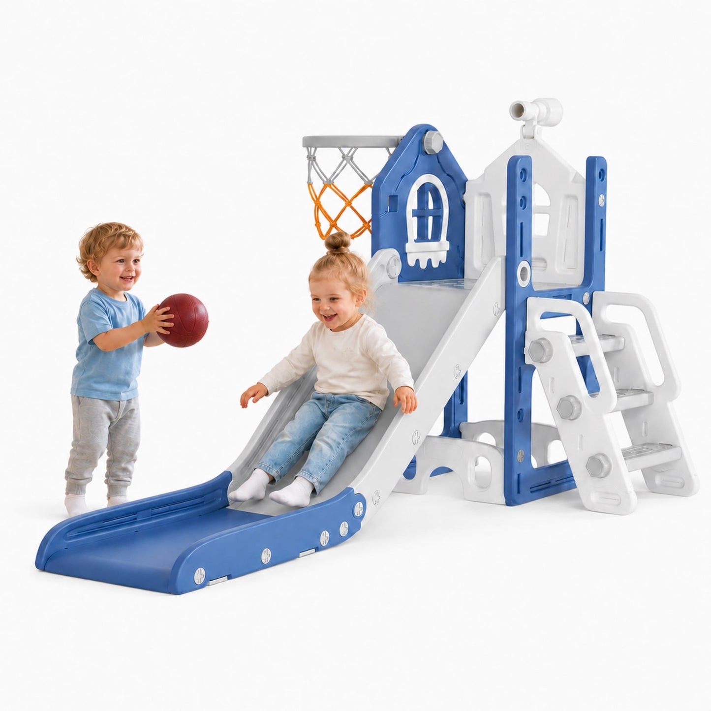 DKMOCO 6-in-1 Toddler Slide, Climber Slide PlaySet with Basketball Hoop, Telescope & Anti-Slip Pads, Indoor Outdoor Playground Age 1-3, Blue Gray