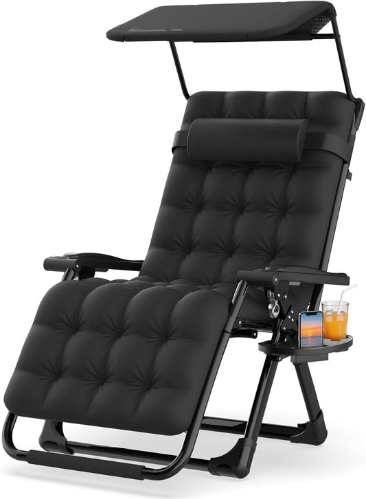 DKMOCO 26In Zero Gravity Chair with Canopy, Oversized Lounge Chair w/Removable Headrest&Cushion, Folding Patio Chairs Recliner for Indoor Outdoor, Black