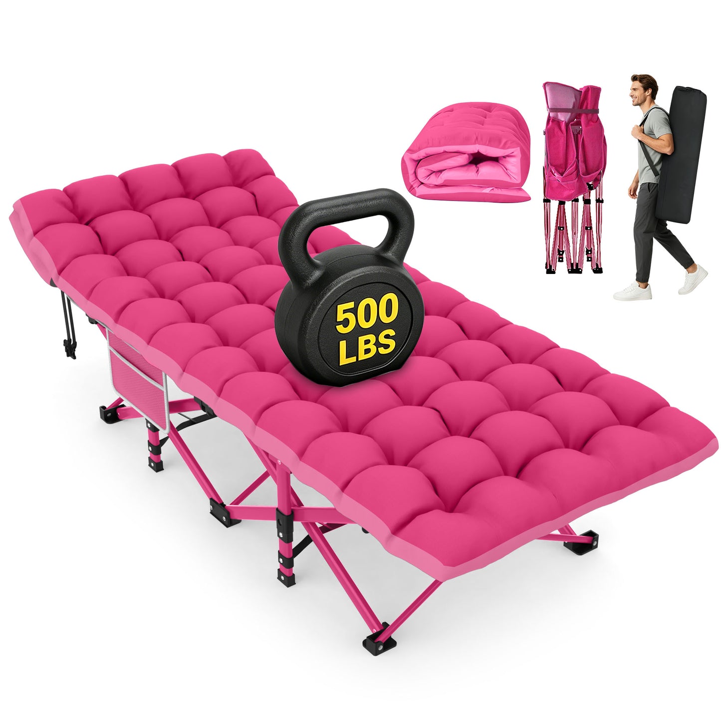 DKMOCO XL Folding Camping Cot with Mattress & Carry Bag, 28" x 75" 500lbs Heavy Duty Portable Sleeping Cot Bed for Adults, Home Office Guest Outdoor Camping Travel, Pink Cot Pink Pad