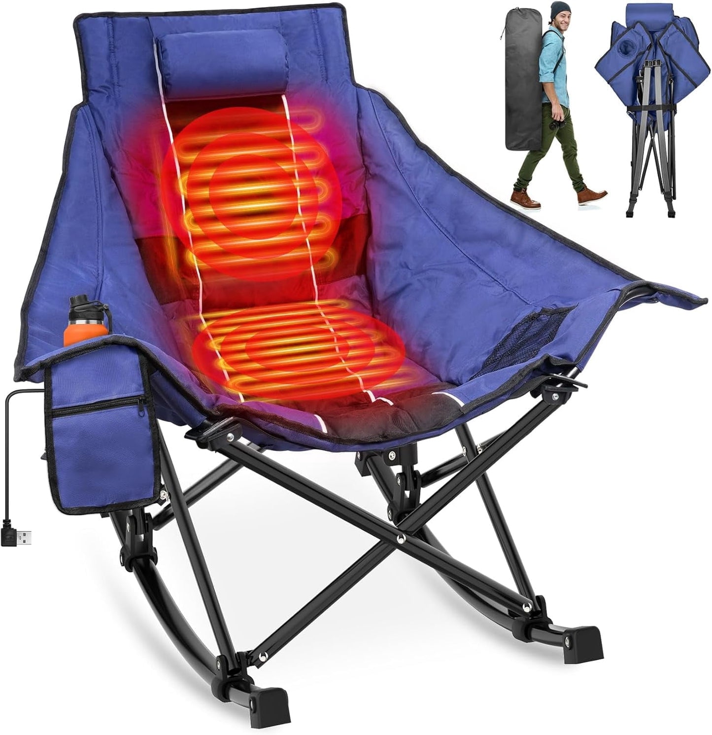 DKMOCO Oversized Heated Rocking Camping Chair, Camping Chair for Winter Outdoor WITHOUT 20000mAh Power Bank( Blue Black)