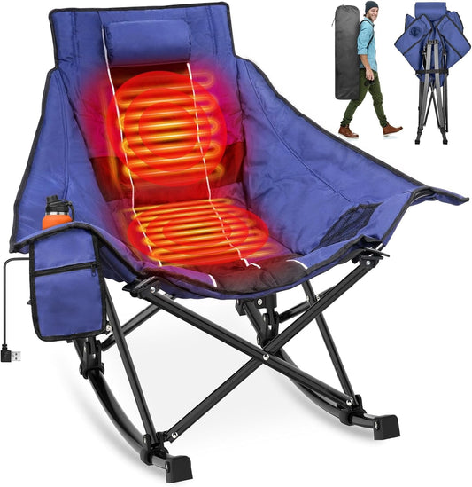 DKMOCO Oversized Heated Rocking Camping Chair, Camping Chair for Winter Outdoor WITHOUT 20000mAh Power Bank( Blue Black)
