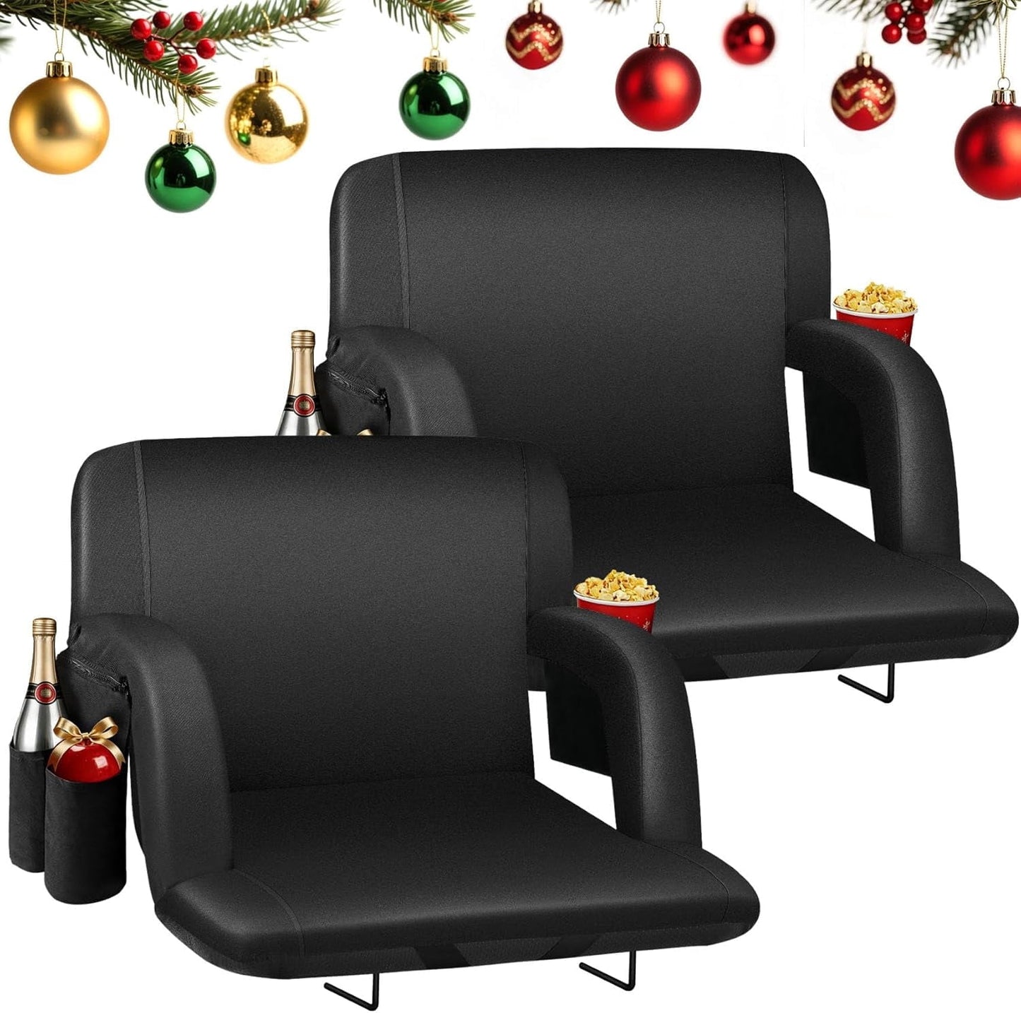 DKMOCO 2PCS 25" Extra Wide Stadium Seats for Bleachers with Back Support, Portable Bleacher Chairs with Back and Cushion, 600D Waterproof Bleacher Seat for Outdoor Sports, Black