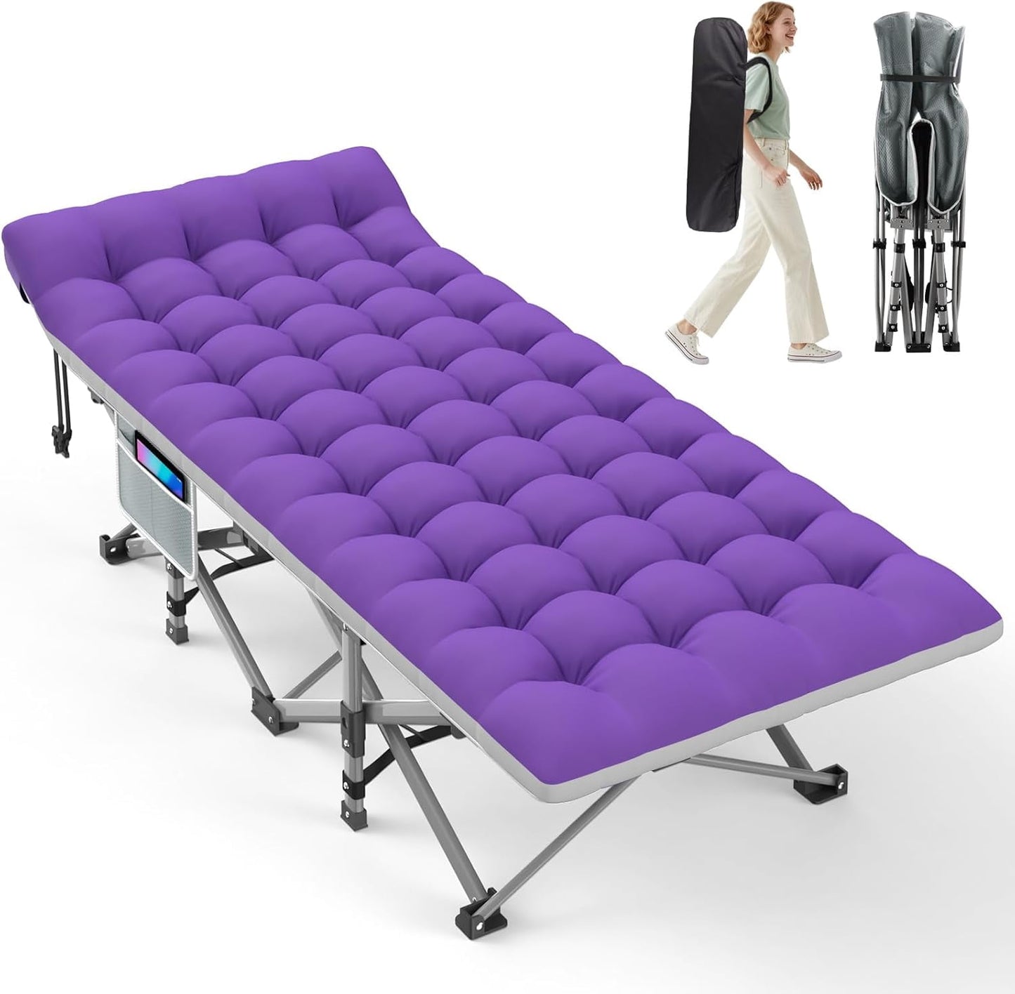 DKMOCO XL Folding Camping Cot with Mattress for Adults,28" x 75" 500lbs Capacity Portable Bed with Carry Bag, for Office Home Nap, Outdoor,Camping(Gray Cot+Purple Gray Pad)
