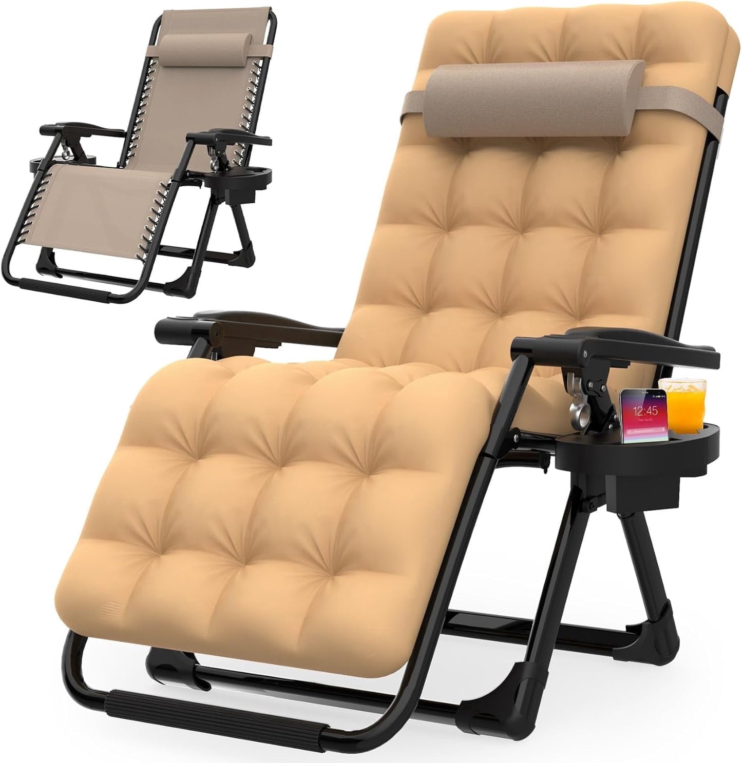 DKMOCO Zero Gravity Chair with Removable Cushion and Cup Holder,Folding Recliner Lounge Chair for Indoor and Outdoor,440 LBS Capacity (Beige)