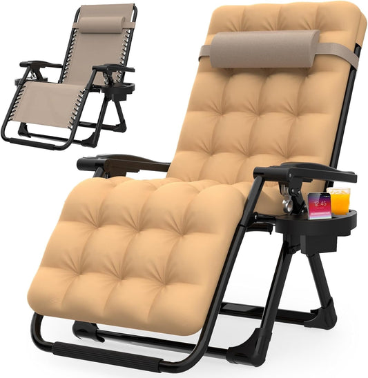 DKMOCO Zero Gravity Chair with Removable Cushion and Cup Holder,Folding Recliner Lounge Chair for Indoor and Outdoor,440 LBS Capacity (Beige)