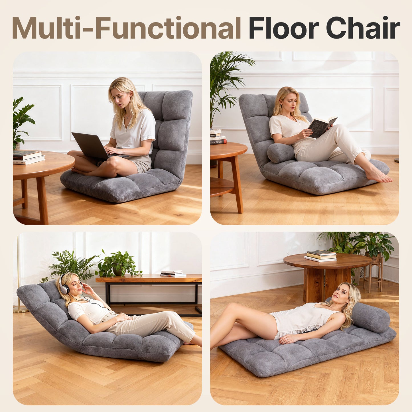DKMOCO 6-Poistion Adjustable Floor Chair with Back Support, Folding Padded Floor Gaming Chair, for Meditation, Sleeping, Reading, Gaming, Grey