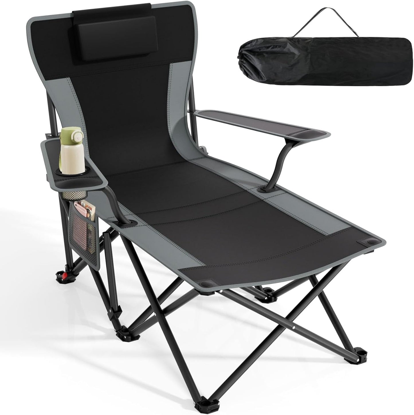 DKMOCO Camping Chair with Foot Rest, Lightweight Foldable Beach Chairs, 90Degree- 140DegreeAdjustable Reclining Lounge Chair, for Outside with Detachable Pillow & Carry Bag, Black