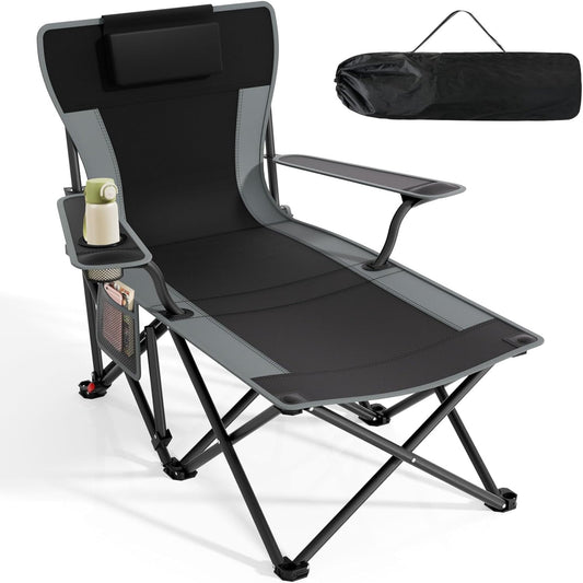 DKMOCO Camping Chair with Foot Rest, Lightweight Foldable Beach Chairs, 90Degree- 140DegreeAdjustable Reclining Lounge Chair, for Outside with Detachable Pillow & Carry Bag, Black