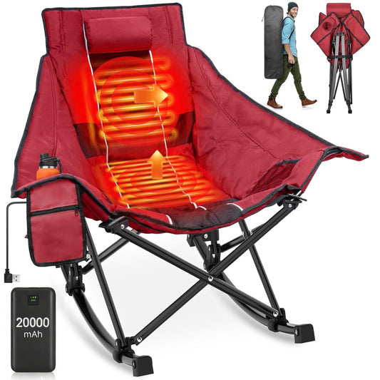 DKMOCO Oversized Heated Rocking Camping Chair with 20000mAh Power Bank, Camping Chair for Winter Outdoor( Red Black)
