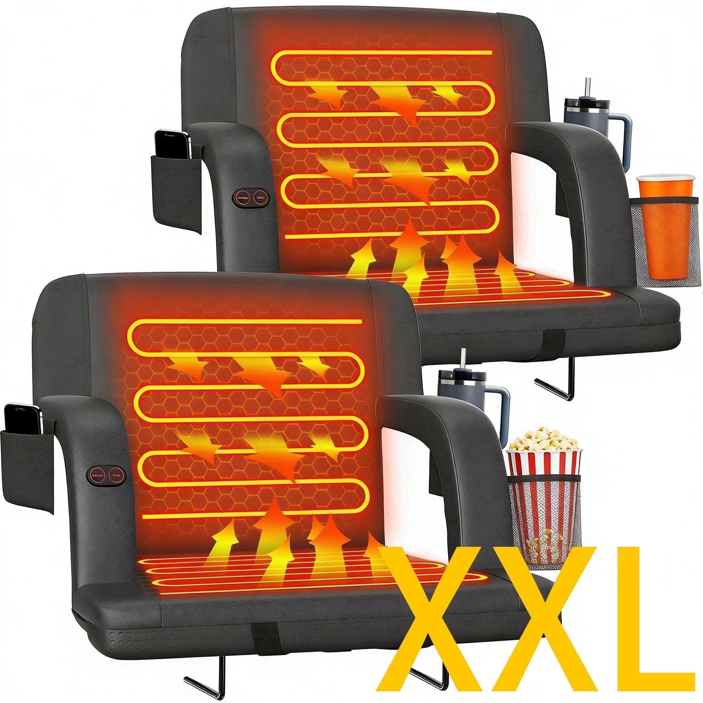 DKMOCO 2pcs 25" Dual-Sided Heated Stadium Seats for Bleachers with Back Support, 3 Levels Heating Bleacher Chair with Arm Rest, for Outdoor, Sports (Without Battery)