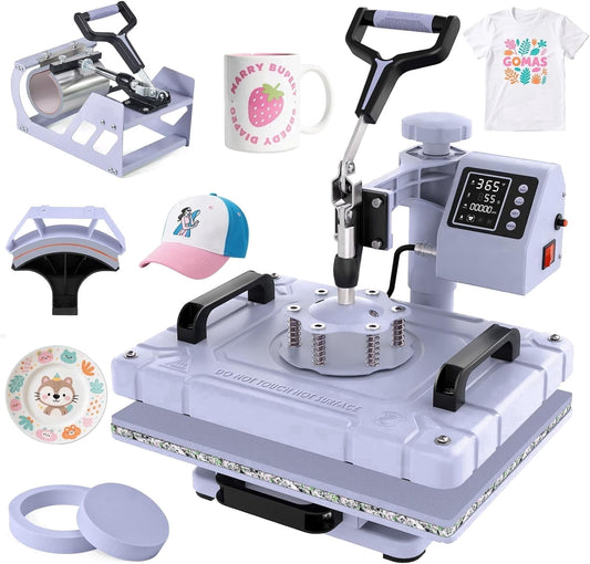 DKMOCO 5 in 1 Heat Press Machine with 11OZ Tumbler,12x15 inch 360Degree Swing Away Digital Sublimation Heat Transfer for Mugs T-Shirts Hat Cap Plate, Purple