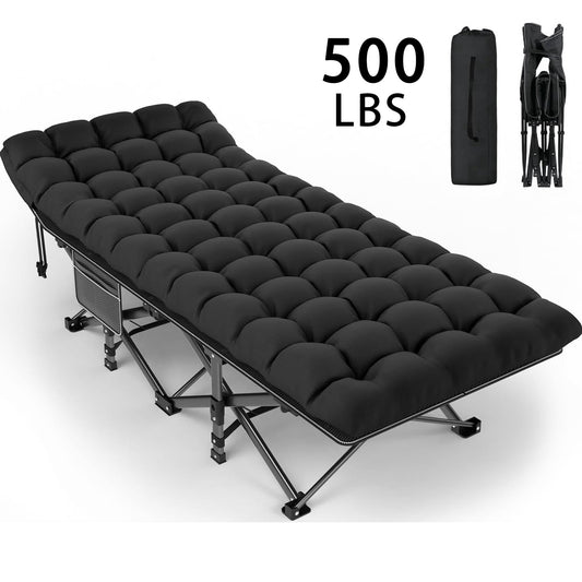 DKMOCO XL Folding Camping Cot with Mattress for Adults,28" x 75" 500lbs Capacity Portable Bed with Carry Bag, for Office Home Nap, Outdoor,Camping(Black Cot+Black Pad)