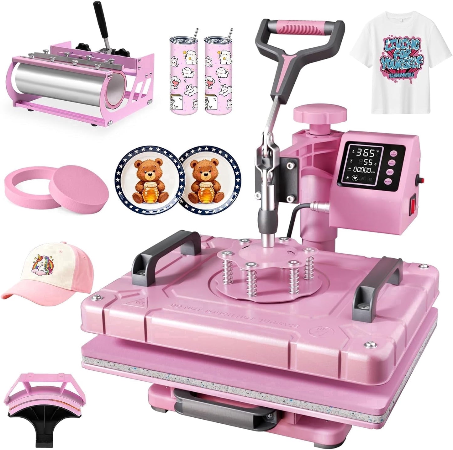 DKMOCO 5 in 1 Heat Press Machine with 30OZ Tumbler,12x15 inch 360Degree Swing Away Digital Sublimation Heat Transfer for Mugs T-Shirts Hat Cap Plate, Pink