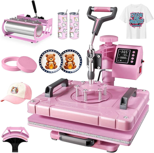 DKMOCO 5 in 1 Heat Press Machine with 30OZ Tumbler,12x15 inch 360Degree Swing Away Digital Sublimation Heat Transfer for Mugs T-Shirts Hat Cap Plate, Pink