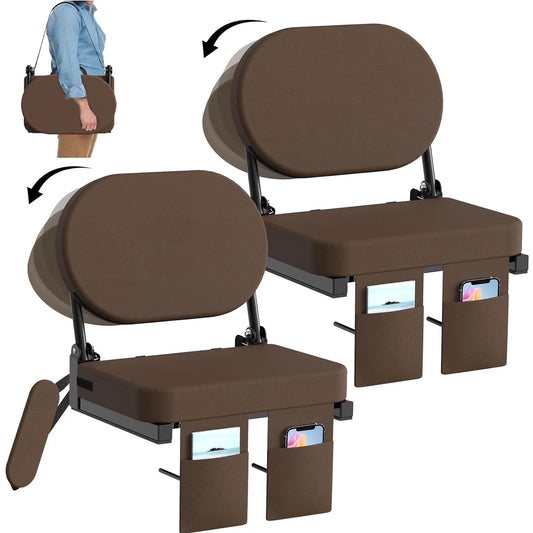 DKMOCO 2PC Portable Stadium Seats for Bleachers with Back Support, Folding Bleacher Seats with Back and Cushion, Lightweight Stadium Chair, Brown