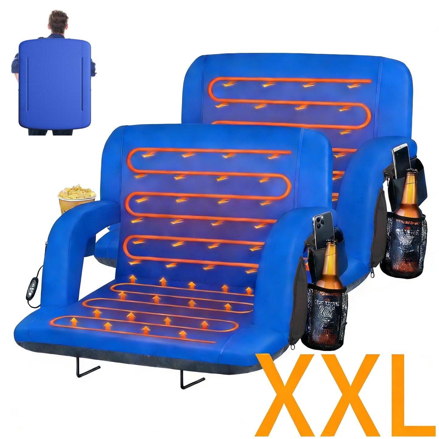 DKMOCO 2PCS 25" Extra Wide Dual Side Heated Stadium Seats for Bleachers with Back Support, Folding Bleacher Seat with Storage Pockets for Outdoor Camping Games Sports,Blue(No Battery)