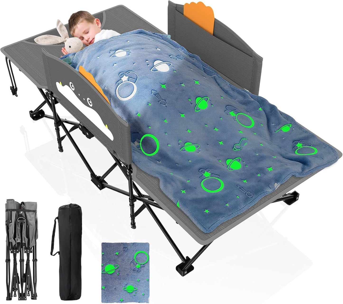 DKMOCO Kids Camping Cot, Comfortable Toddler Cot Bed, Portable Child Sleeping Cot with Guardrail, Lightweight Bed for Outdoor Indoor Home, Gray