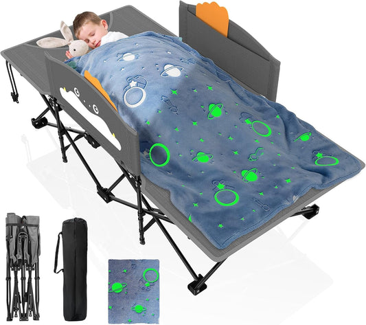 DKMOCO Kids Camping Cot, Comfortable Toddler Cot Bed, Portable Child Sleeping Cot with Guardrail, Lightweight Bed for Outdoor Indoor Home, Gray