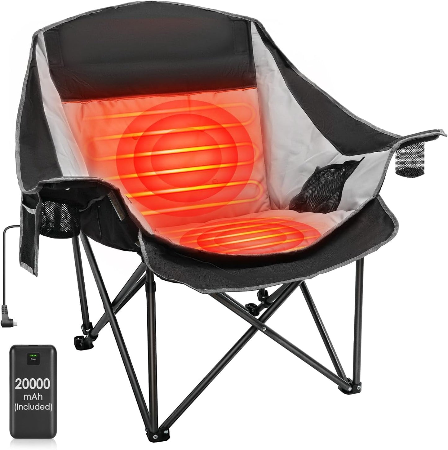 DKMOCO Oversized Folding Heated Camping Chair with 20000mAh Battery, 3 Heat Levels & 2 Heating Zones, for Outdoor Sports Camping Lawn, Black