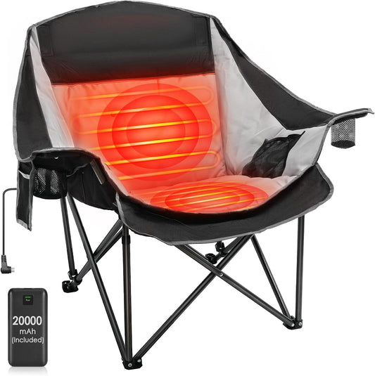 DKMOCO Oversized Folding Heated Camping Chair with 20000mAh Battery, 3 Heat Levels & 2 Heating Zones, for Outdoor Sports Camping Lawn, Black