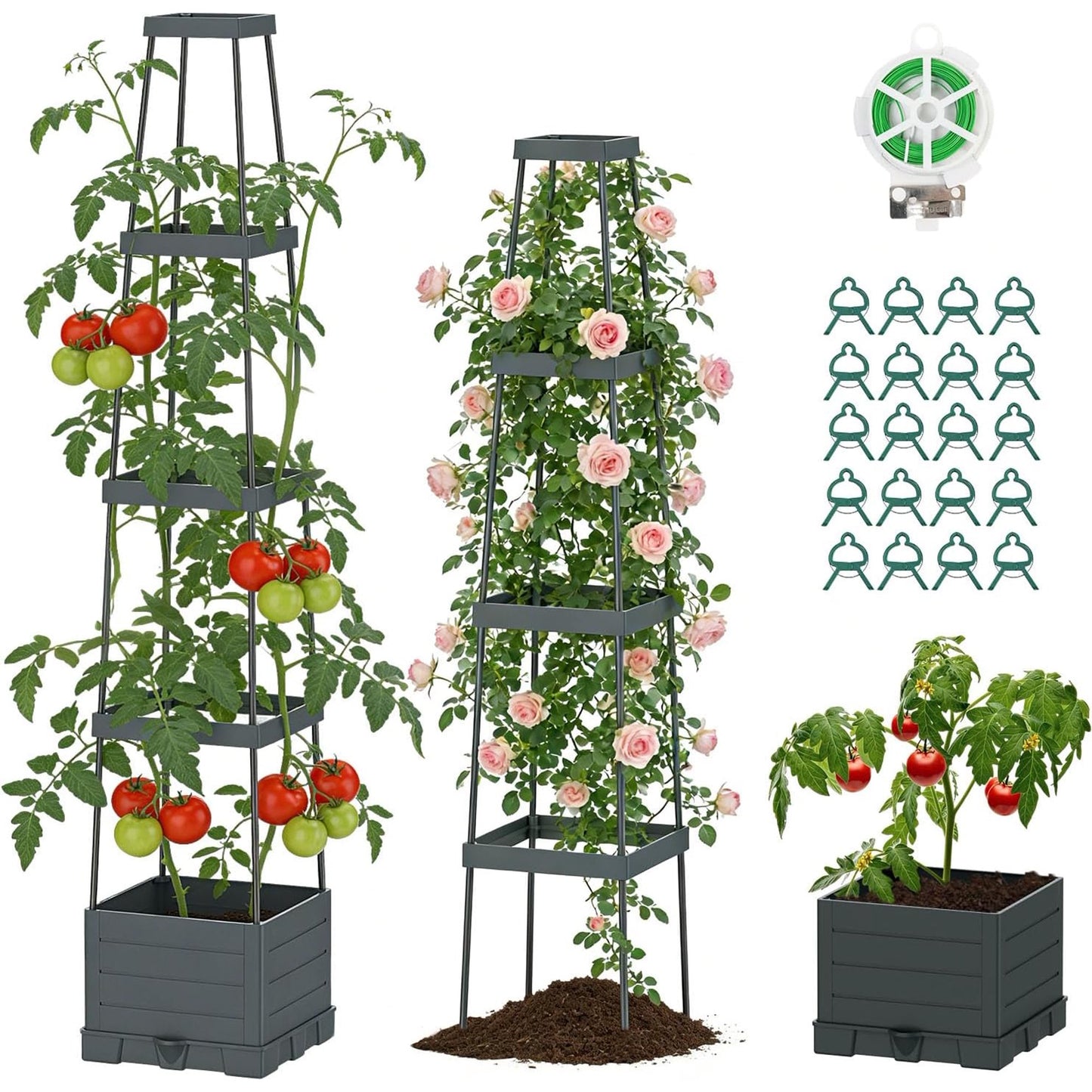 DKMOCO 1-Pack Raised Garden Bed Planter Box with Trellis, Self-Watering Tomato Cage Planters for Climbing Plants Vegetable Vine Flowers Outdoor & Indoor