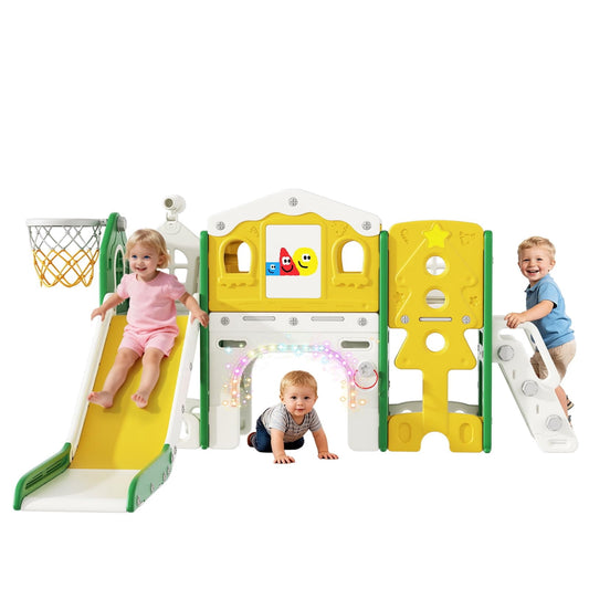 DKMOCO 10 in 1 Toddler Slide Set, Baby Slide for Kids 1-3 with LED Lights, Drawing Board and Building Blocks Board, Indoor Outdoor Playset Playground, Green Yellow