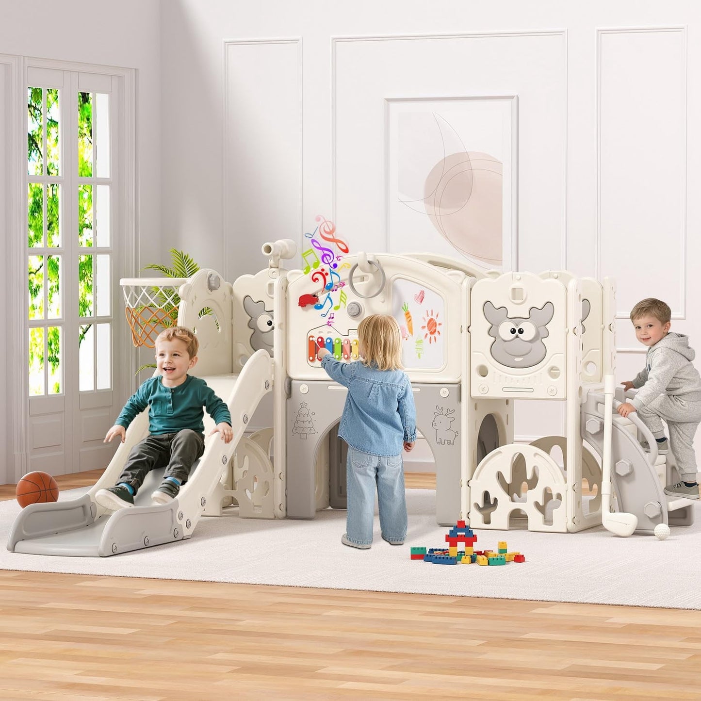 DKMOCO 13-in-1 Toddler Slide, Toddler Playset with Basketball Hoop, Golf Game & Drawing Board, Indoor Playground for kids 1-3, Gray White